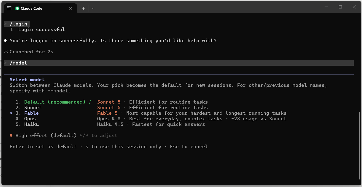 Selecting Fable 5 as the model in Claude Code