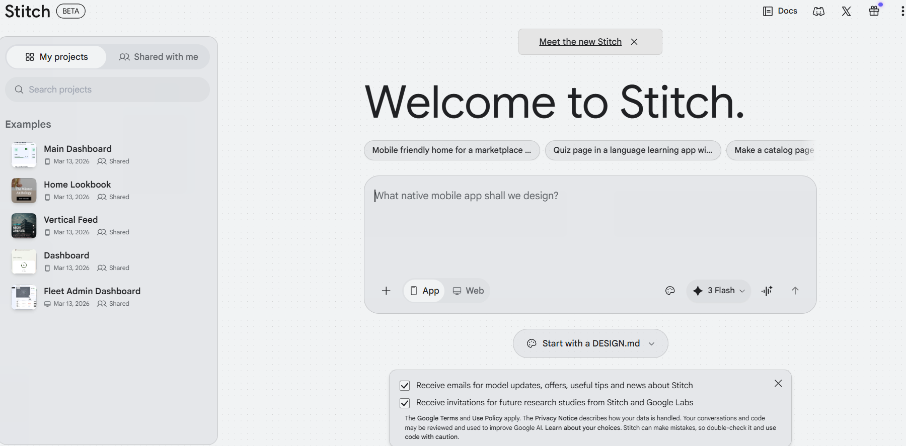 Google Stitch Interface