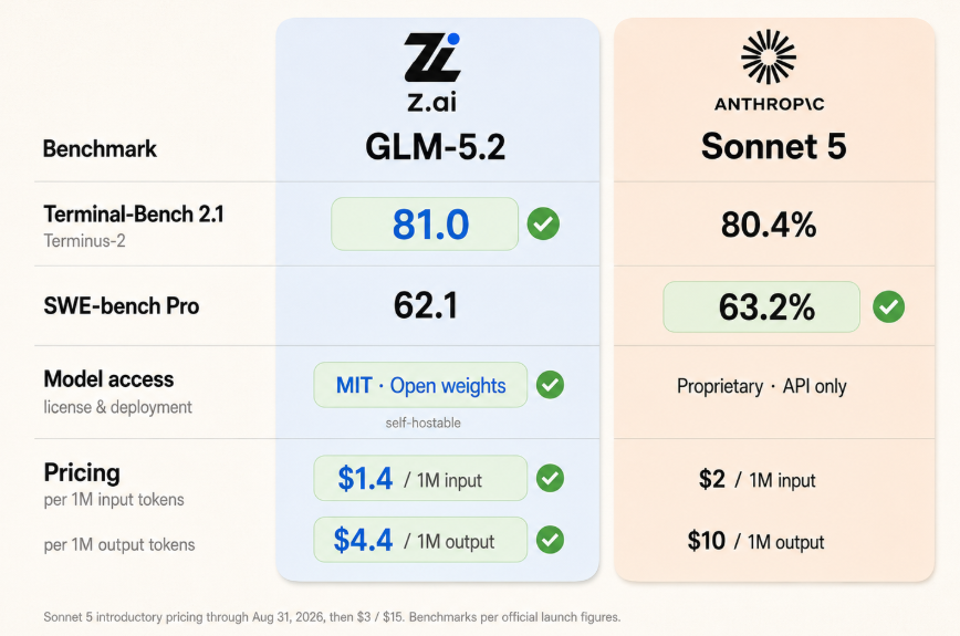 Claude Sonnet 5 vs GLM-5.2 benchmark and pricing comparison card