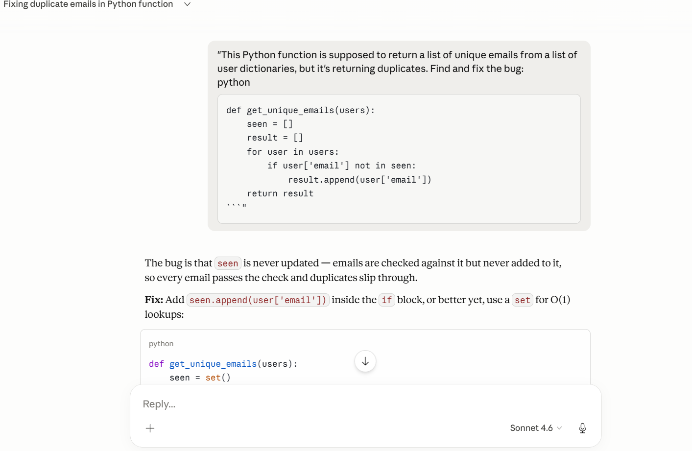Asking Claude Sonnet 4.6 to fix a bug in Python code