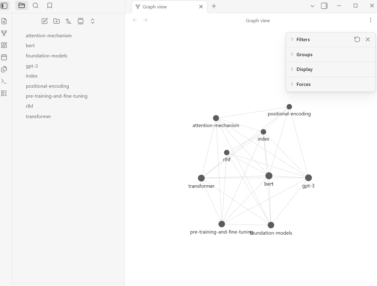 Obsidian graph view of an LLM wiki showing linked entity pages on transformer concepts
