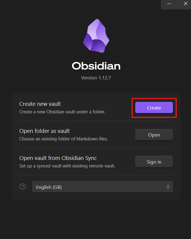 Creating a new vault in Obsidian