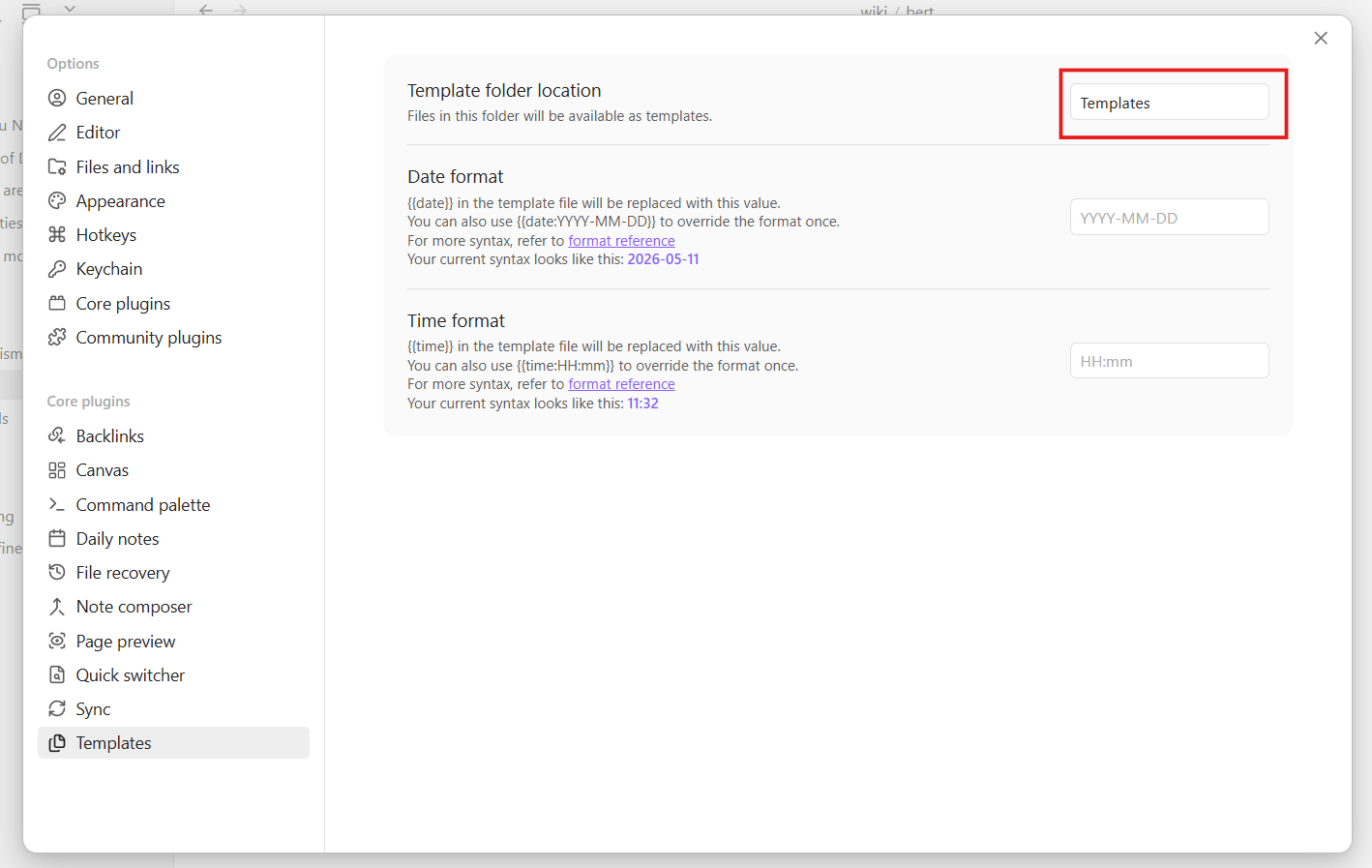 Setting Templates Folder in Obsidian