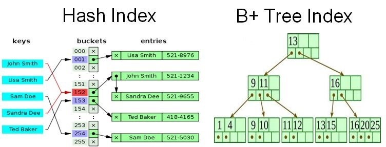 Different data representation in a Hash and B-Tree Index